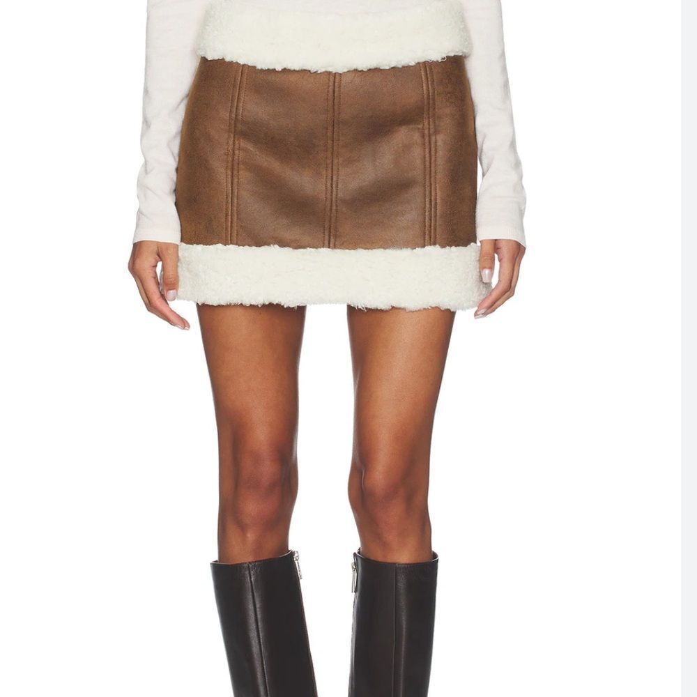 Lovers + Friends Brown Faux Leather Mini Skirt with Cream Sherpa Trim size small